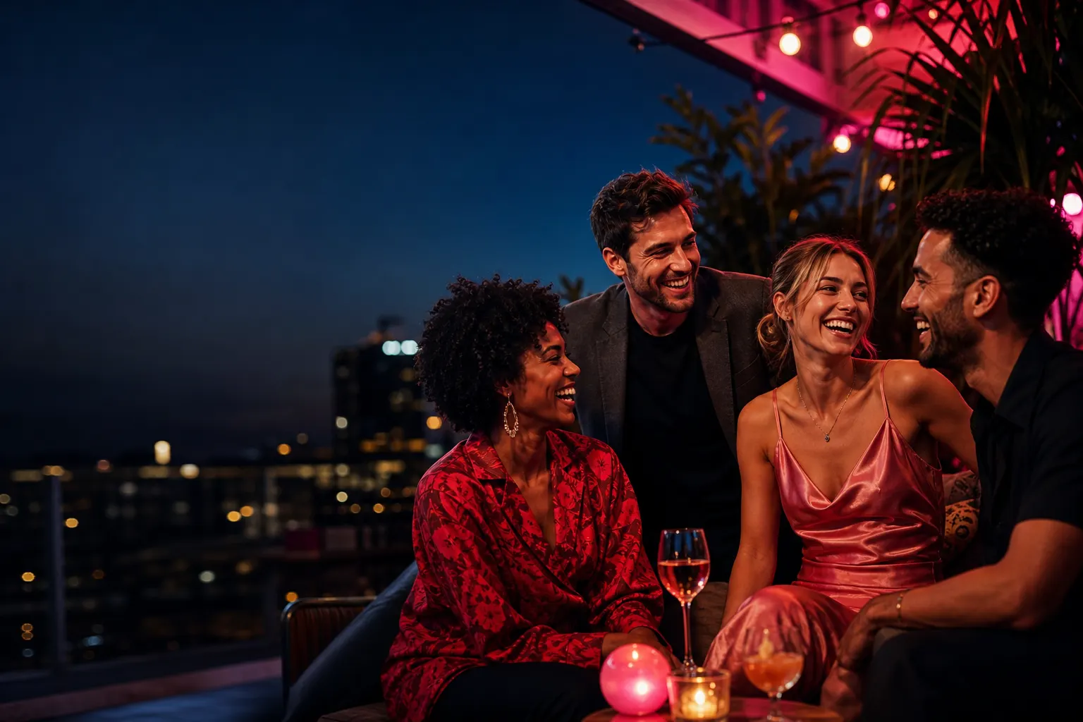 Four adult friends laughing together on a city patio at night